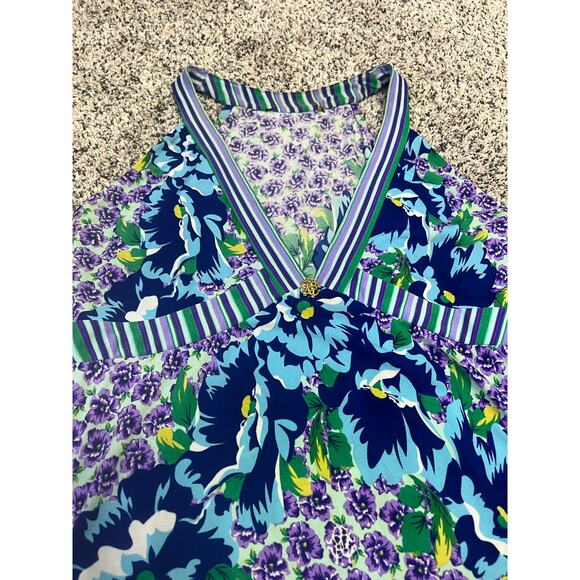 Roberto Cavalli Dress XL Floral Stripe Sleeveless‎ Purple Green Boho Y2K Resort - Picture 4 of 16